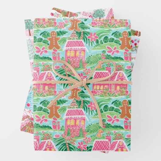 Roze en Groene Kerst Gingerbread Huizen Inpakpapier Vel (In situ)