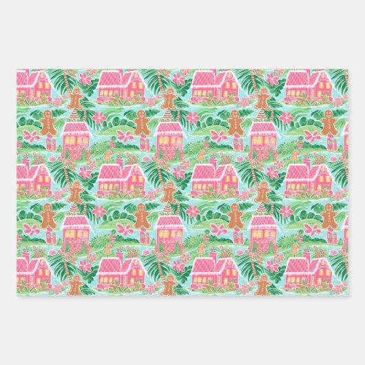 Roze en Groene Kerst Gingerbread Huizen Inpakpapier Vel (Voorkant)