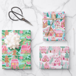 Roze en Groene Kerst Gingerbread Huizen Inpakpapier Vel