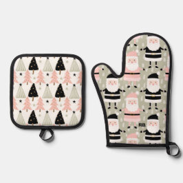 Roze en groene kerst ovenwant & pannenlap set