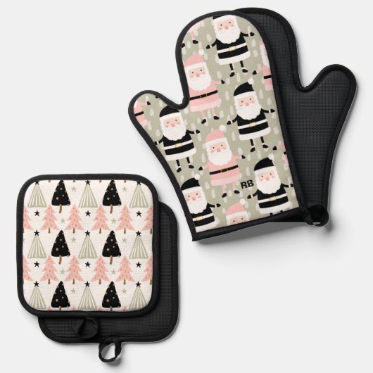 Roze en groene kerst ovenwant & pannenlap set (Voorkant / Achterkant)