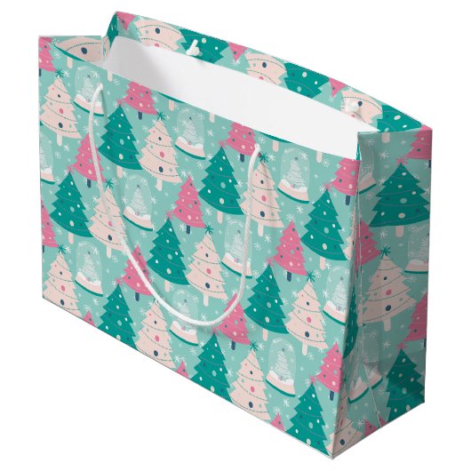 Roze en groene kerst sneeuw Wereldbollen Groot Cadeauzakje (Achterkant Gekanteld)