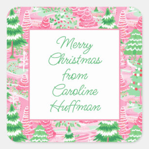 Roze en groene kerstbomen cadeau vierkante sticker