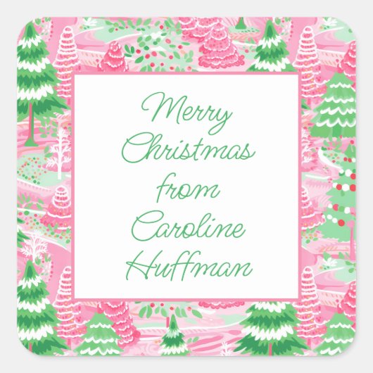Roze en groene kerstbomen cadeau vierkante sticker (Voorkant)