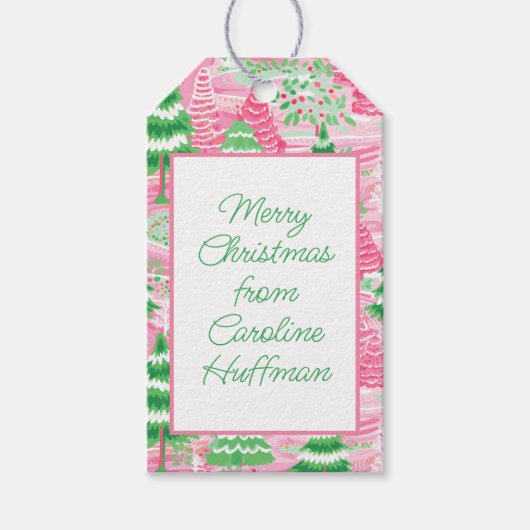 Roze en groene kerstbomen cadeaulabel (Voorkant)