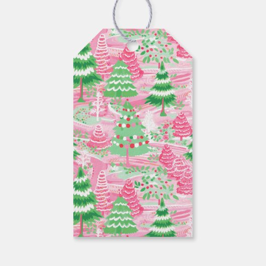Roze en groene kerstbomen cadeaulabel (Achterkant)