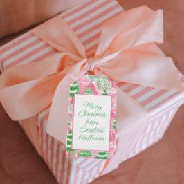 Roze en groene kerstbomen cadeaulabel