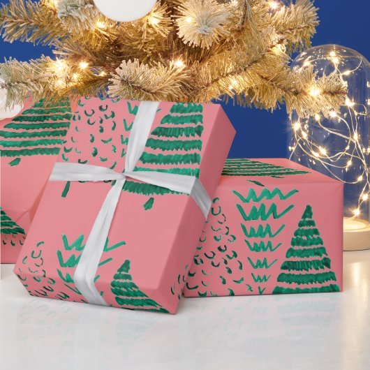Roze en groene kerstbomen cadeaupapier (Feestdagen)
