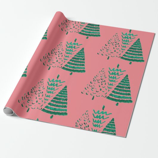 Roze en groene kerstbomen cadeaupapier (Uitgerold)