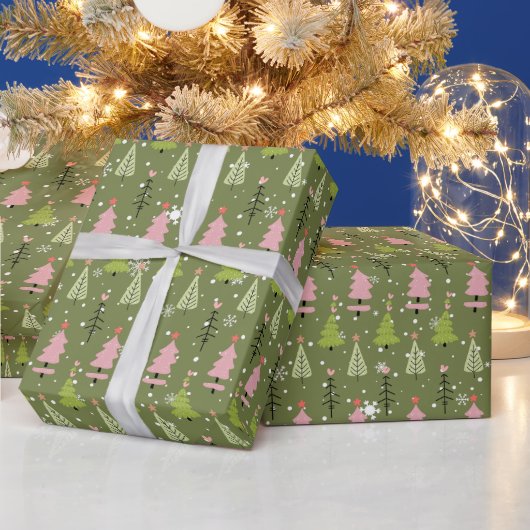 Roze en Groene Kerstbomen Groene Kerstmis Cadeaupapier (Feestdagen)