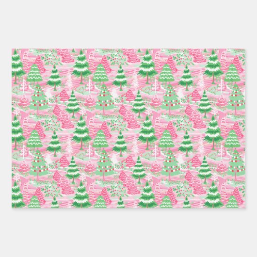 Roze en groene kerstbomen inpakpapier vel (Voorkant)