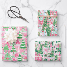 Roze en groene kerstbomen inpakpapier vel