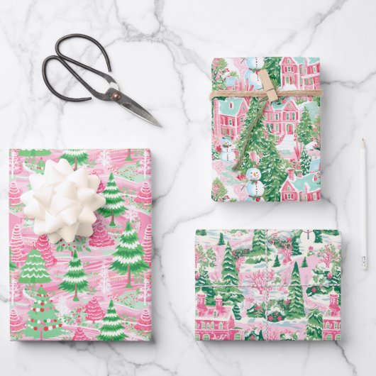 Roze en groene kerstbomen inpakpapier vel (Voorkant)