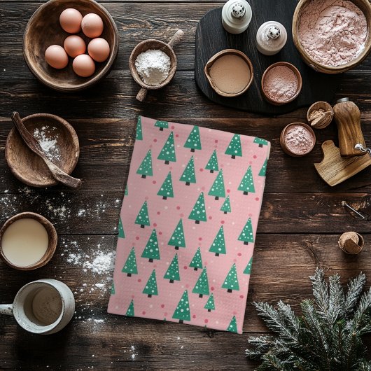 Roze en groene kerstbomen keukenhanddoek