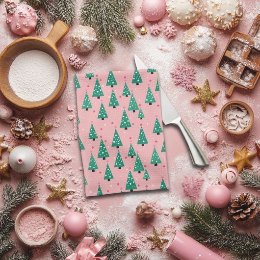 Roze en groene kerstbomen keukenhanddoek