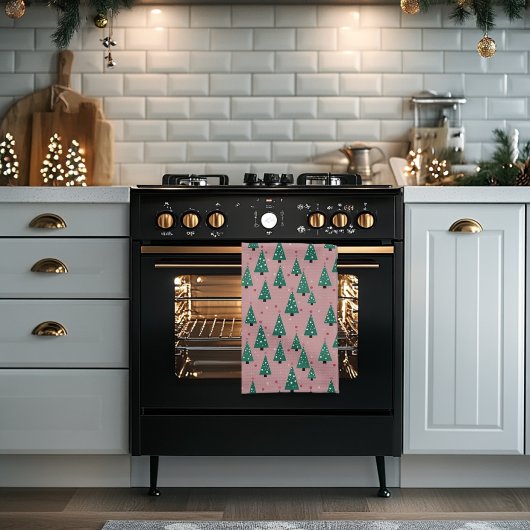 Roze en groene kerstbomen keukenhanddoek