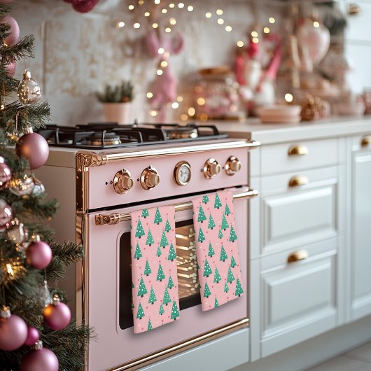 Roze en groene kerstbomen keukenhanddoek