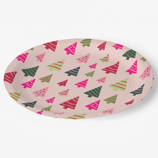 Roze en groene kerstbomen papieren bordje (Gekanteld)