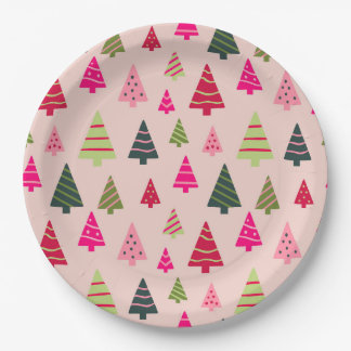 Roze en groene kerstbomen papieren bordje