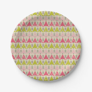 Roze en groene kerstbomen papieren bordje