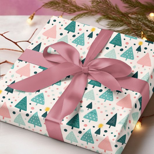 Roze en groene kerstboom patroon cadeaupapier