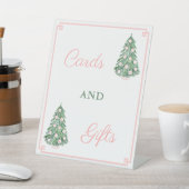 Roze en groene kerstboomkaarten en cadeautjes reclamebord met voetstuk (Insitu)