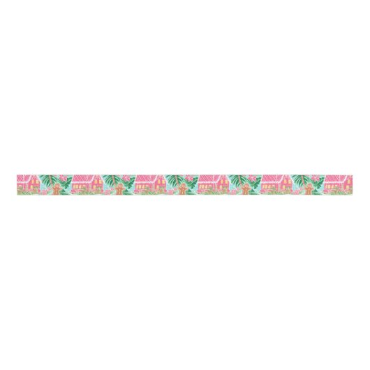 Roze en Groene Kerstmis Gingerbread Village Grosgrain Lint (Voorkant)