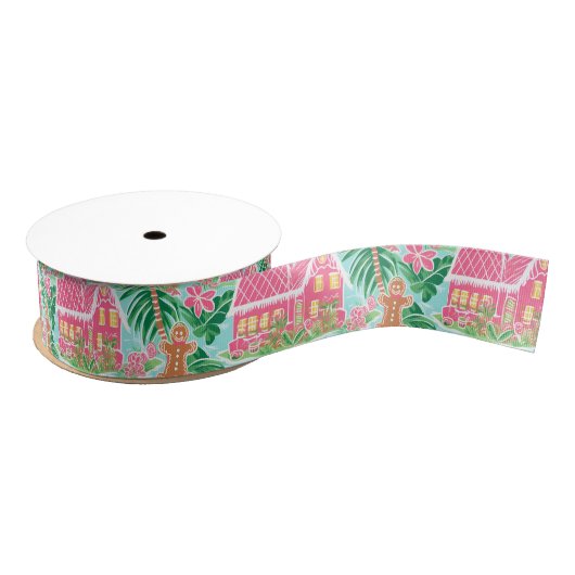 Roze en Groene Kerstmis Gingerbread Village Grosgrain Lint (Spoel)