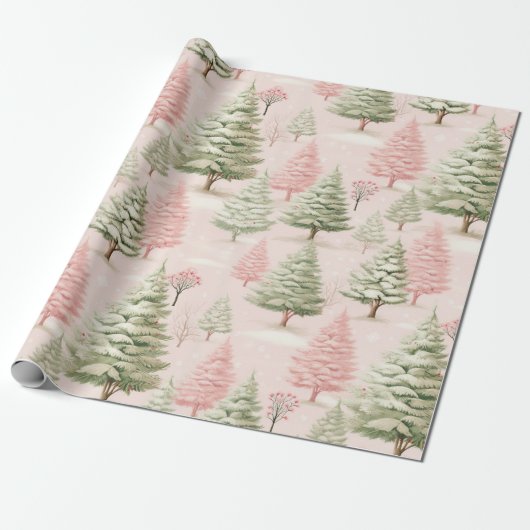 roze en groene kerstpijnbomen cadeaupapier (Uitgerold)