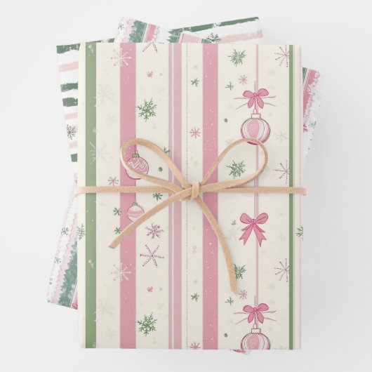 Roze en groene kerststrepen inpakpapier vel (In situ)