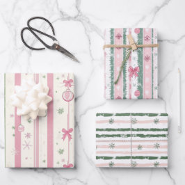 Roze en groene kerststrepen inpakpapier vel