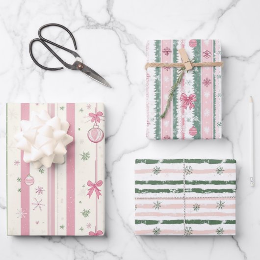 Roze en groene kerststrepen inpakpapier vel (Voorkant)