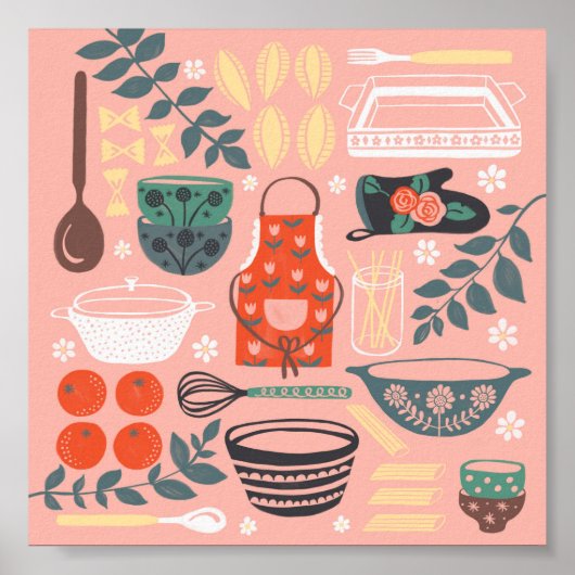  roze en groene keuken-Floral Illustratie Poster (Voorkant)