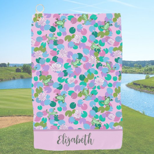 Roze en groene kikkers aangepaste naam dames golfhanddoek
