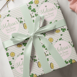 Roze en groene klavers & gouden munten Ierse douch Cadeaupapier
