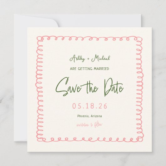 Roze en Groene Kleurrijke Vierkant Weddenschap Save The Date (Voorkant)