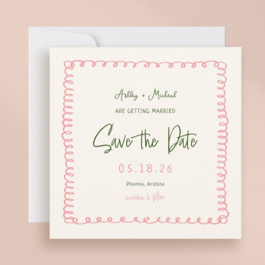 Roze en Groene Kleurrijke Vierkant Weddenschap Save The Date