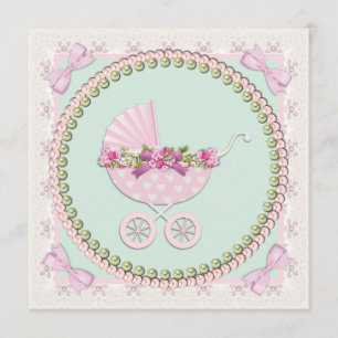 Roze en Groene Koffer Baby Shower Kaart