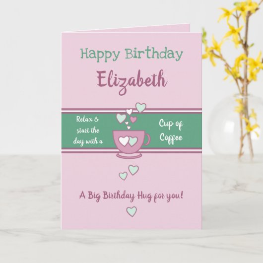 Roze en groene koffieminnaar kaart (Gele Bloem)