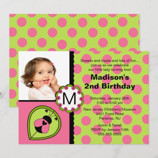 Roze en groene Ladybug Foto Birthday Invitation Kaart (Voorkant / Achterkant)