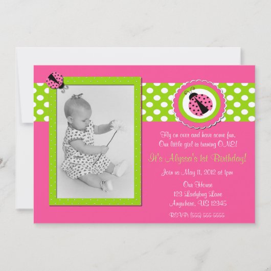 Roze en Groene Ladybug Girls Birthday Invitation Kaart (Voorkant)