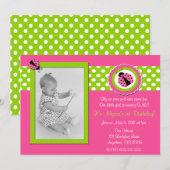 Roze en Groene Ladybug Girls Birthday Invitation Kaart (Voorkant / Achterkant)