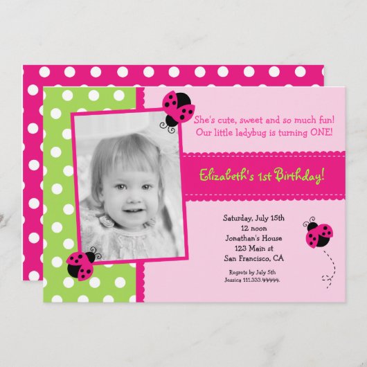 Roze en Groene Ladybug Van de Partij van vandaag U Kaart (Voorkant / Achterkant)