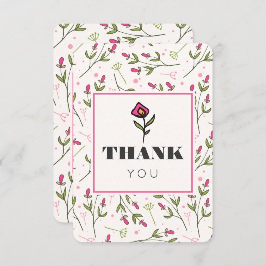 Roze en groene, langlevende wilde bloemen Dank u Bedankkaart (Voorkant / Achterkant)