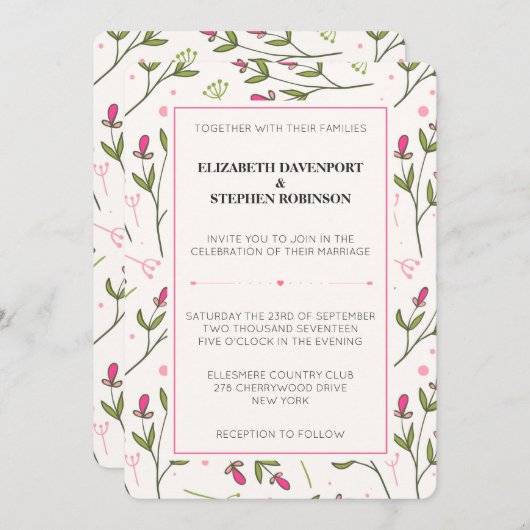 Roze en groene langlevende wilde bloemen kaart (Voorkant / Achterkant)