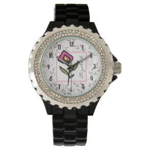 Roze en groene langlevende wilde bloemen, op maat  horloge