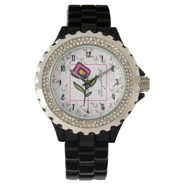 Roze en groene langlevende wilde bloemen, op maat  horloge (Voorkant)