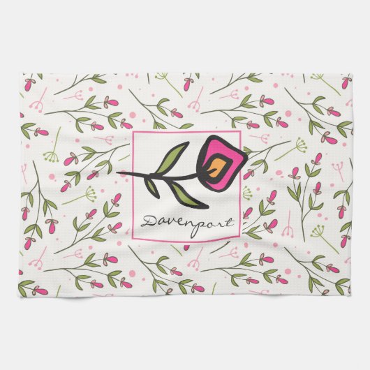 Roze en groene langlevende wilde bloemen, op maat  theedoek (Horizontaal)