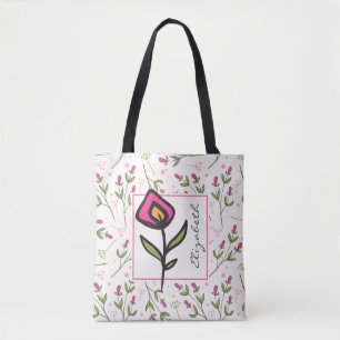Roze en groene langlevende wilde bloemen, op maat tote bag