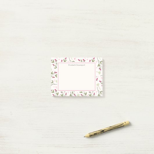 Roze en groene langlevende wilde bloemen post-it® notes (Op bureau)